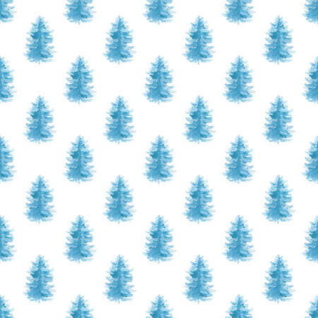 Decorative hand drawn watercolor seamless pattern with blue fir trees on a white backgroundの写真素材