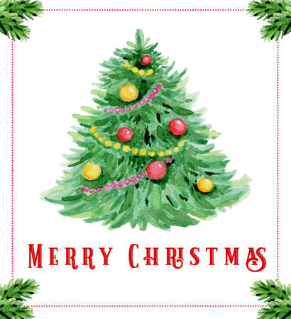 Hand drawn watercolor Christmas greeting card. Green fir tree and decorations on a white backgroundの写真素材