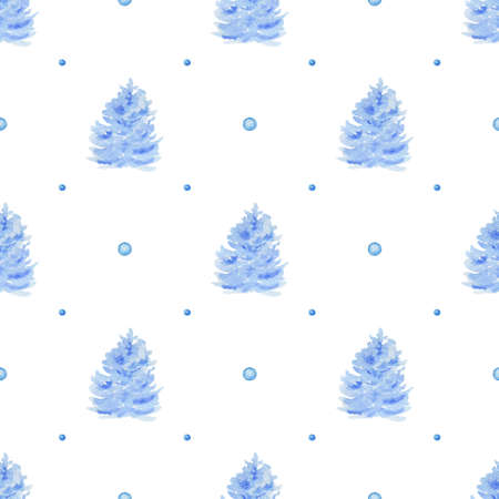 Decorative hand drawn watercolor seamless pattern with blue fir trees and snow on a white backgroundの写真素材