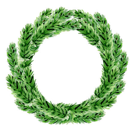 Hand drawn watercolor Christmas wreath. Green fir branches on a white background.の写真素材
