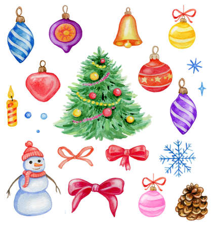 Set of hand drawn watercolor Christmas design elements on a white backgroundの写真素材