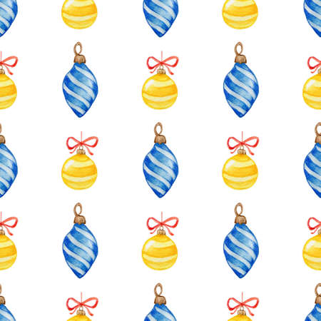 Decorative hand drawn watercolor Christmas seamless pattern with blue and yellow decorations on a white backgroundの写真素材