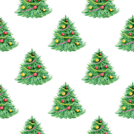 Decorative hand drawn watercolor seamless pattern with Christmas tree on a white backgroundの写真素材