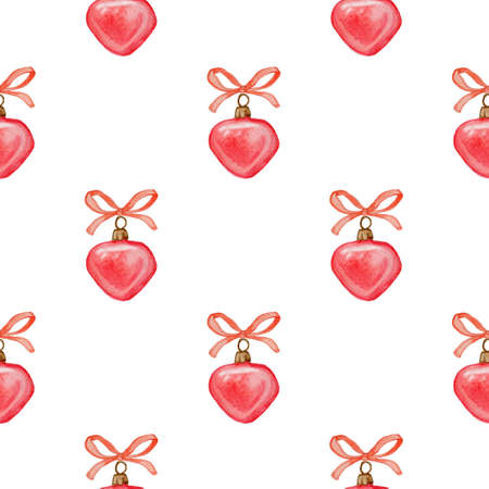 Decorative hand drawn watercolor Christmas seamless pattern with red decorations on a white backgroundの写真素材
