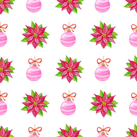 Decorative hand drawn watercolor Christmas seamless pattern with red flowers and decorations on a white backgroundの写真素材