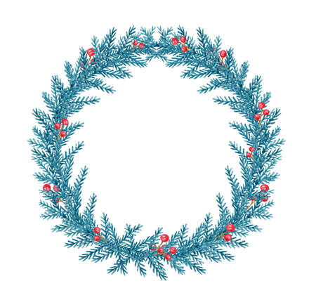 Decorative hand drawn watercolor Christmas wreath. Green fir branches and red berries on a white background.の写真素材