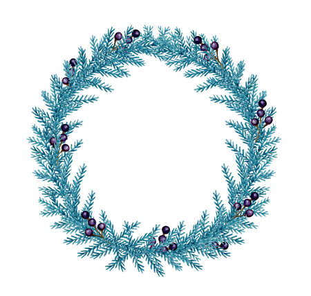 Decorative hand drawn watercolor Christmas wreath. Green fir branches and berries on a white background.の写真素材