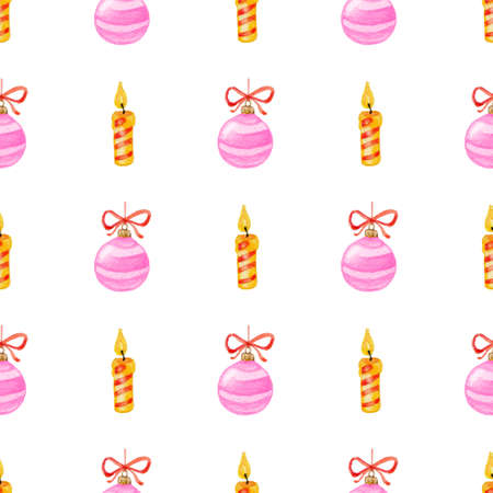 Decorative hand drawn watercolor Christmas seamless pattern with candle and decorations on a white backgroundの写真素材