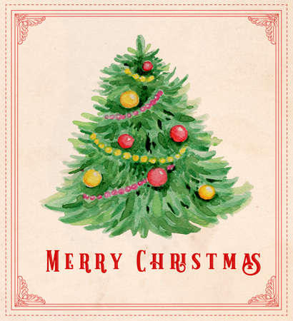 Hand drawn vintage watercolor Christmas greeting card. Green fir tree and decorationsの写真素材