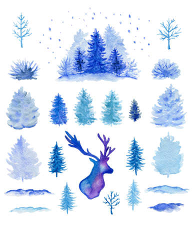 Set of blue hand drawn watercolor Christmas design elements on a white background. の写真素材