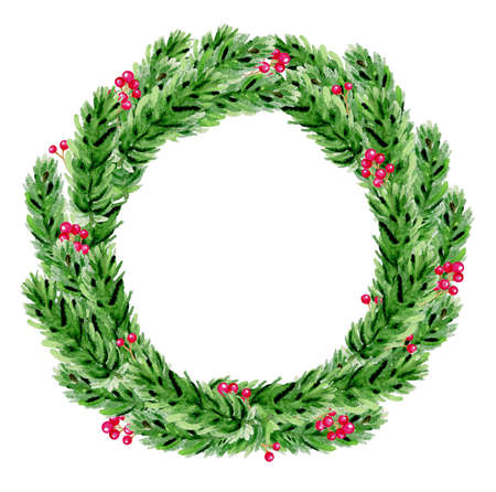 Hand drawn watercolor Christmas wreath. Green fir branches and red berries on a white background.の写真素材