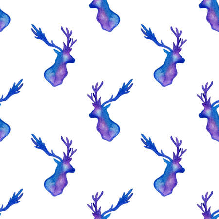 Decorative hand drawn watercolor seamless pattern with silhouettes of deer on a white backgroundの写真素材