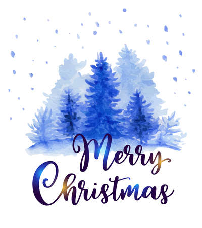 Winter landscape with blue fir trees in the snow on a white background. Hand drawn watercolor greeting card. Merry Christmas letteringのイラスト素材