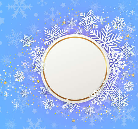 Christmas greeting card. White snowflakes and golden stars on a blue background. のイラスト素材