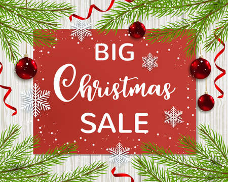 Green fir branches, white snowflakes and red balls on a wooden background. Design for seasonal Christmas sale. のイラスト素材