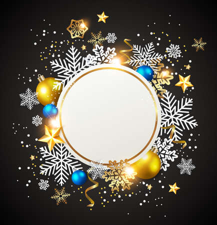 Abstract vector Christmas round banner. White snowflakes and golden decorations on a black background. のイラスト素材