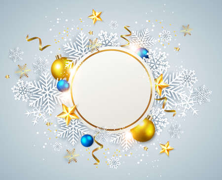 Abstract vector Christmas round banner. Holiday background with white snowflakes and golden decorations. のイラスト素材
