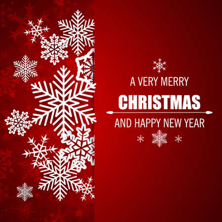Decorative red vector Christmas background with white paper snowflakes. Merry Christmas lettering.のイラスト素材