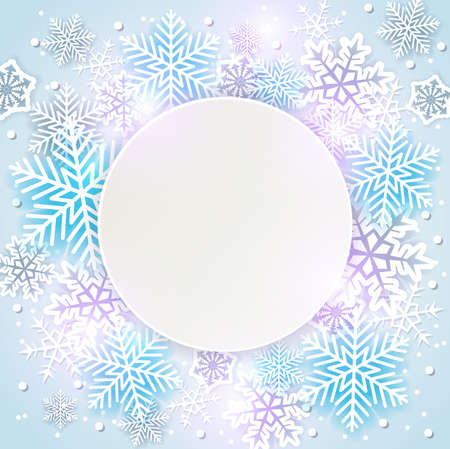 Shining holiday background with white and blue snowflakes. Abstract round Christmas banner.のイラスト素材