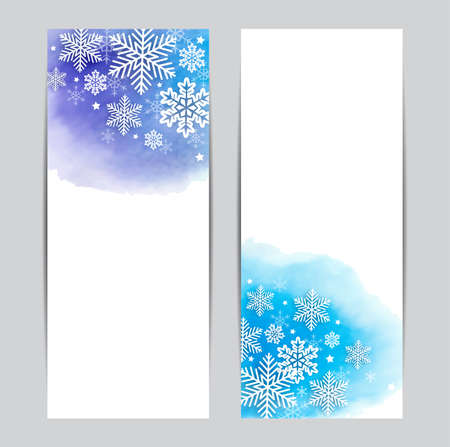 Christmas vertical banners. White snowflakes on a blue watercolor background. のイラスト素材