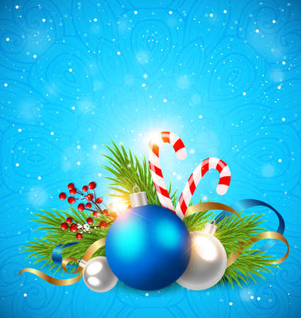 Christmas greeting card with green fir branch and decorations on a blue background.のイラスト素材