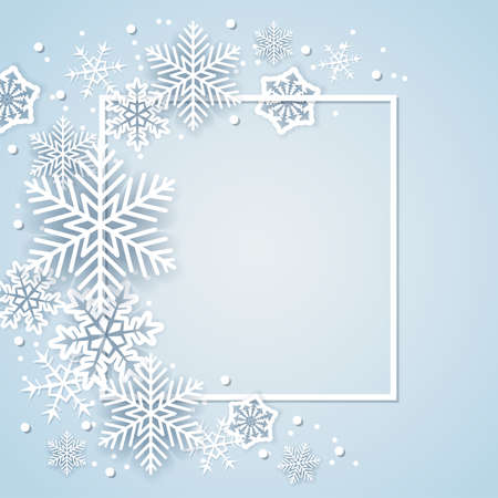 Holiday background with white paper snowflakes in frame. Abstract Christmas banner.のイラスト素材