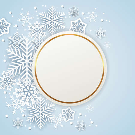 Shining golden holiday background with white paper snowflakes. Abstract round Christmas banner.のイラスト素材