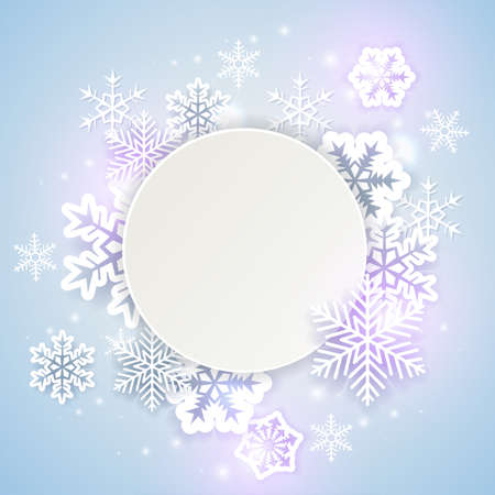 Shining holiday background with white paper snowflakes. Abstract round Christmas banner.のイラスト素材