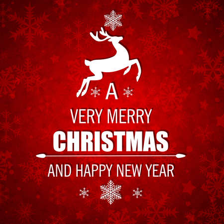 Decorative red vector Christmas background with white deer and greeting inscription. のイラスト素材