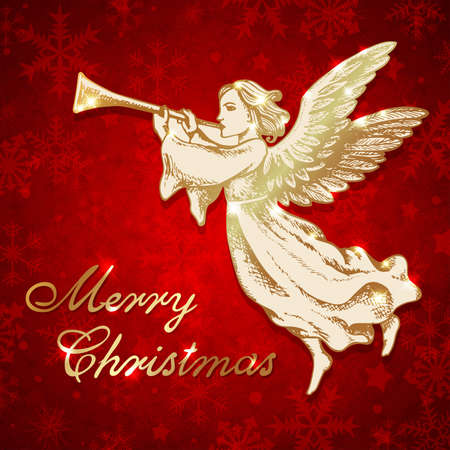 Golden Christmas angel blows into the trumpet. Hand drawn vector greeting card in vintage style. Merry Christmas letteringのイラスト素材