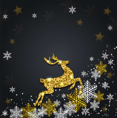 Vector Christmas greeting card. Snowflakes and golden glitter deer on a black background.のイラスト素材