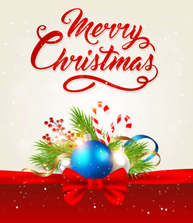 Christmas greeting card with green fir branch, red bow and decorations. Vector illustration. Holiday background.のイラスト素材