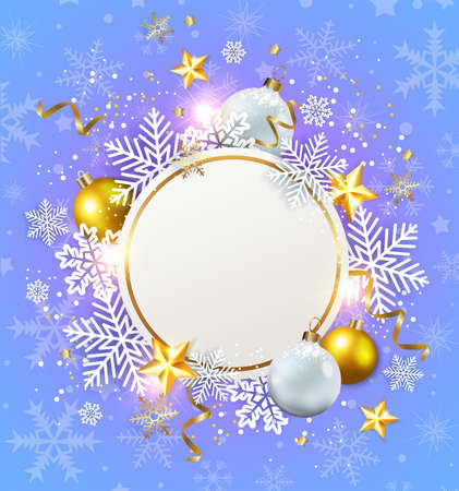 Abstract vector Christmas round banner. Holiday background with white snowflakes and golden decorations. のイラスト素材
