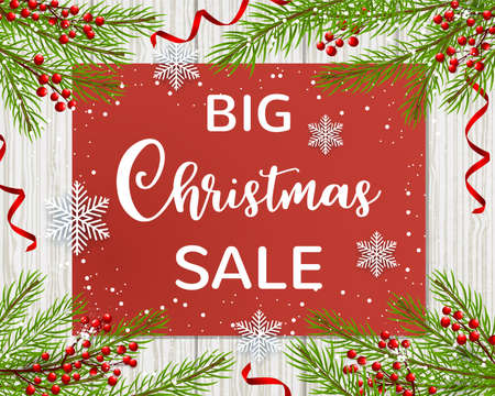 Green fir branches, white snowflakes and red berry on a wooden background. Design for seasonal Christmas sale. のイラスト素材