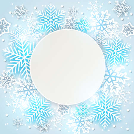 Holiday background with white and blue snowflakes. Abstract round Christmas banner.のイラスト素材