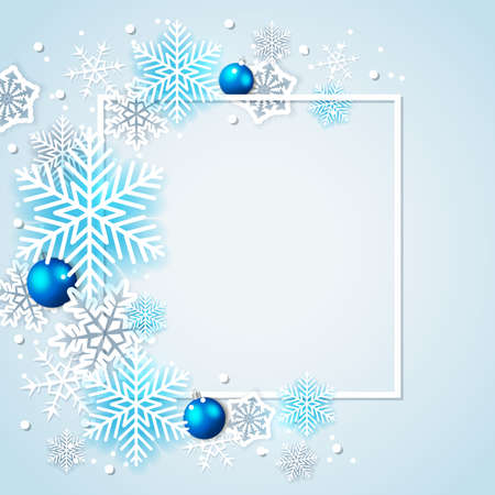 Holiday background with white snowflakes and blue decorations in frame. Abstract Christmas banner.のイラスト素材