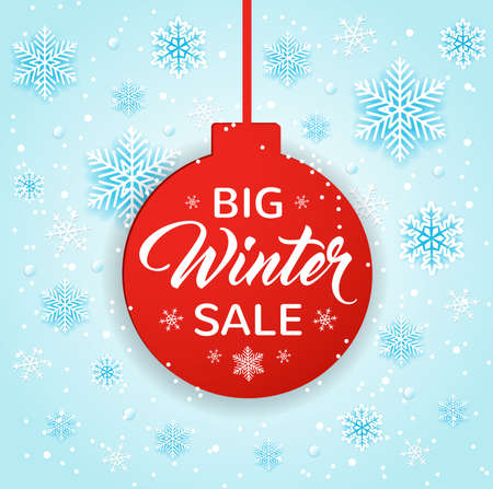 Design for Seasonal Winter Christmas Sale. Red decoration and white snowflakes on a blue background. Vector illustrationのイラスト素材