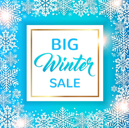 Decorative winter frame with white snowflakes on a blue background.のイラスト素材
