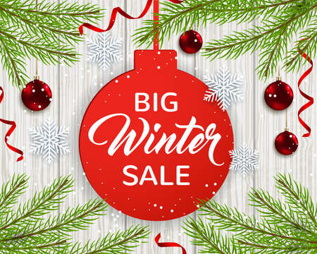 Green fir branches, white snowflakes and red balls on a wooden background. Design for seasonal winter Christmas sale. のイラスト素材