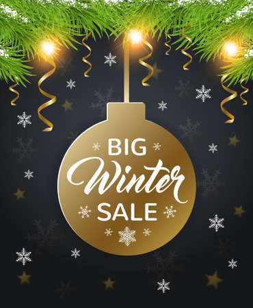 Green fir branches, white snowflakes and golden ball on a black background. Design for seasonal winter Christmas sale. のイラスト素材