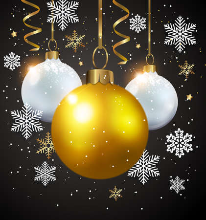 Vector greeting Christmas card with snowflakes and baubles.のイラスト素材