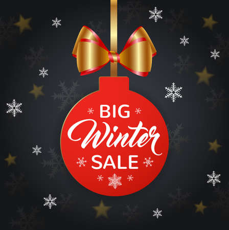 Design for Seasonal Winter Christmas Sale. Red decoration, snowflakes and golden shining bow on a black background. Vector illustrationのイラスト素材