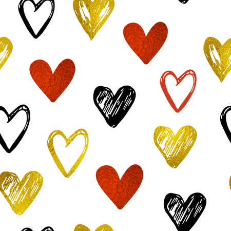 Decorative festive seamless pattern with golden and red hearts on a white background. Vector background for Valentine's dayのイラスト素材