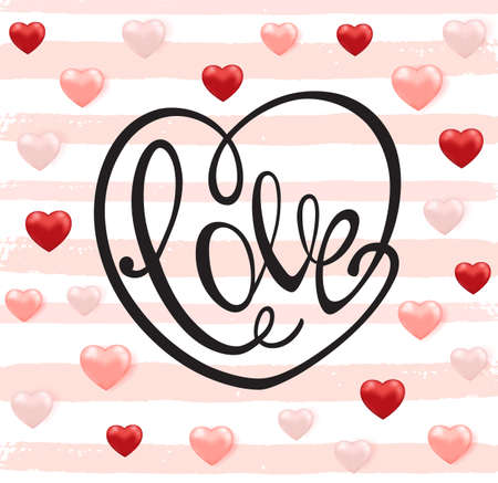 Romantic pink background with love calligraphy for Valentine's day. Vector hand drawn black heart lettering.のイラスト素材