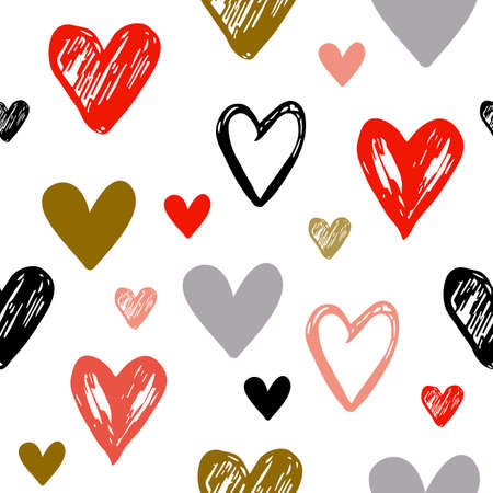 Decorative festive seamless pattern with hand drawn hearts on a white background. Vector background for Valentine's dayのイラスト素材