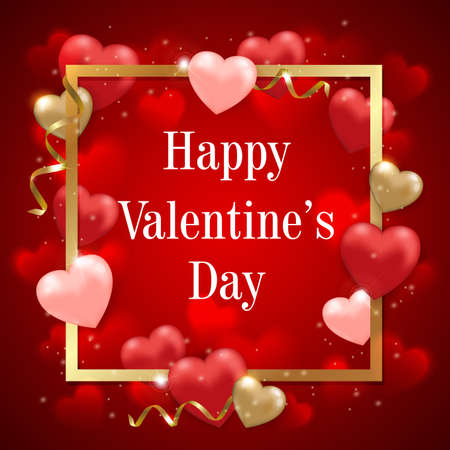 Decorative greeting card for Valentine's day with pink and red heart balloons in golden frame. Festive background. Vector illustration.のイラスト素材