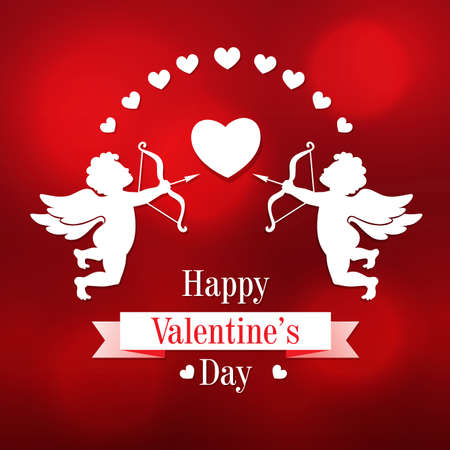 Valentine's day greeting card with two cut of paper cupids and hearts on a red backgroundのイラスト素材