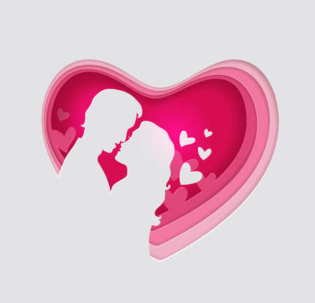 Vector cut out of paper pink heart with couple in love. Romantic Valentine background with man and woman. Holiday greeting cardのイラスト素材
