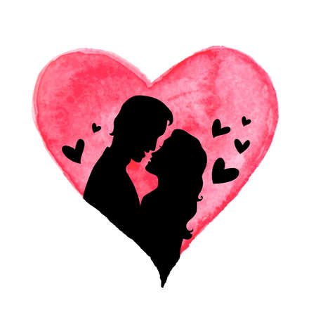 Vector Valentine greeting card with red watercolor heart and silhouette of couple in love on a white backgroundのイラスト素材