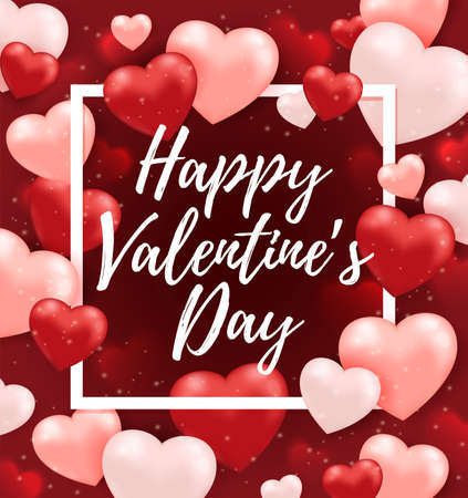 Decorative greeting card for Valentine's day with pink and red heart balloons in white frame. Festive background.のイラスト素材